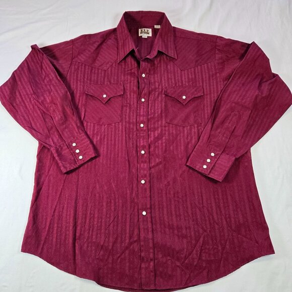 VTG Ely Cattleman‎ Mens XL Burgundy Western Shirt Long Sleeve Striped Pearl Snap - Picture 1 of 9